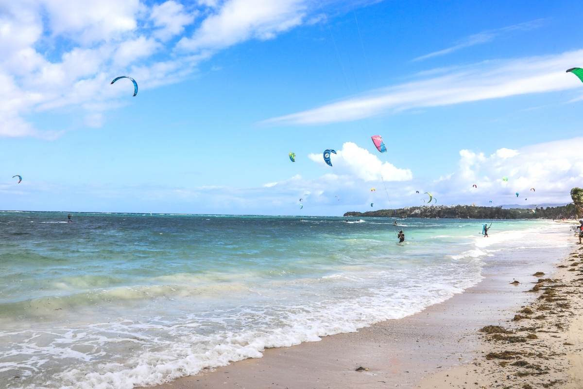 Windsurfers at Bulabog Beach in Boracay Island, Philippines