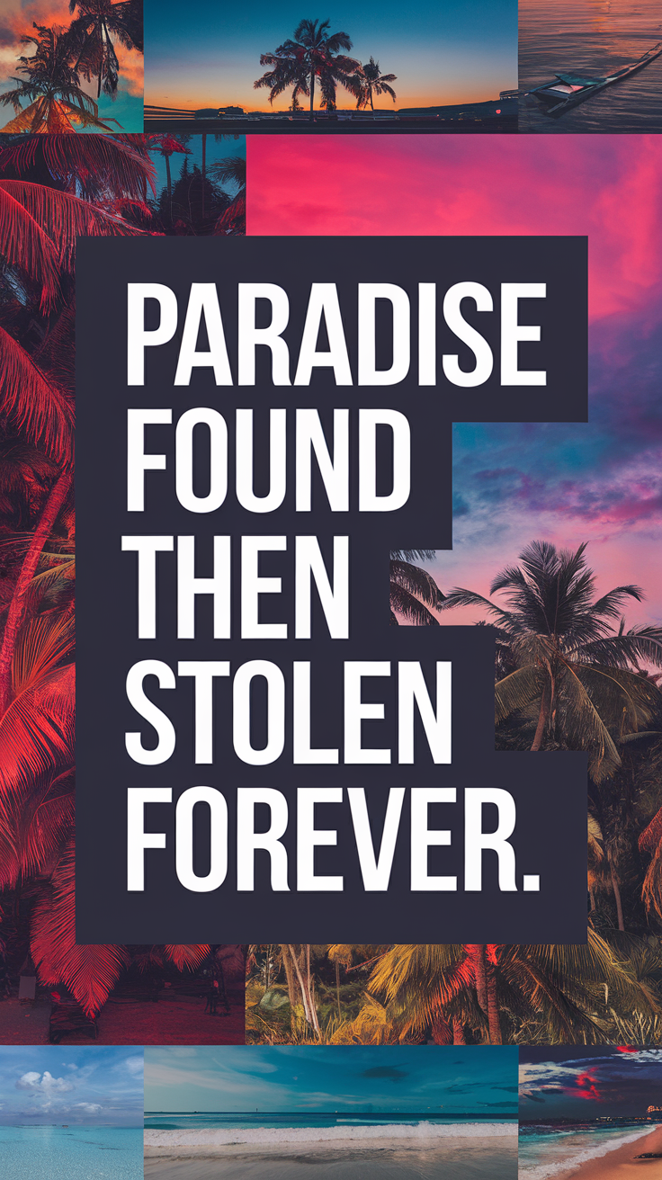 Big text overlay saying: Paradise Found Then Stolen Forever. It's designed to immediately grab attention with its thick, distinctive lettering set prominently in a big dark colored box, utilizing a simple yet striking bold white color for the text. Surrounding this eye-catching typography, a collage of vibrant images.