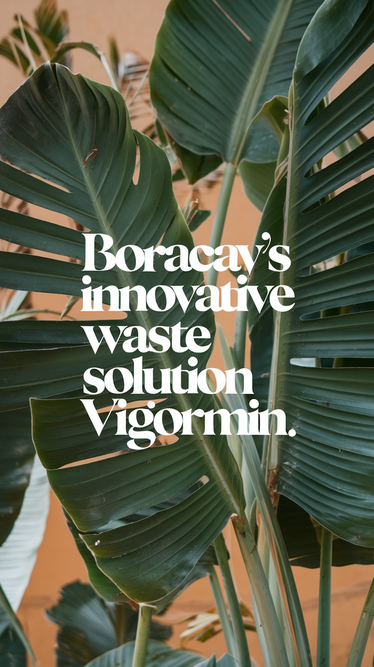 Boracay's Innovative Waste Solution Vigormin – a realistic promotional image with bold text overlay highlighting an eco-friendly solution amid a tropical island backdrop.